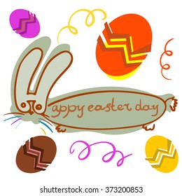 Happy easter day.
The flat, abstract, graphic image of a rabbit surrounded by colored eggs.