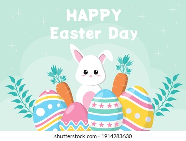 Happy Easter Day Flat Design Illustration Background for Poster, Invitation, and Greeting Card. Rabbit and Eggs Concept.