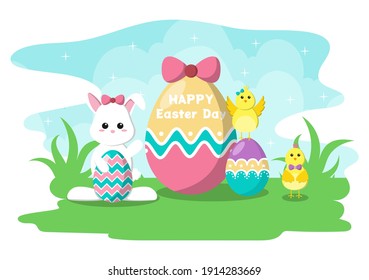 Happy Easter Day Flat Design Illustration Background for Poster, Invitation, and Greeting Card. Rabbit and Eggs Concept.