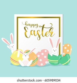 happy easter day, flat design easter egges and bunny on blue  background. can be use for sale advertisement, backdrop. vector