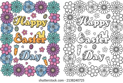 Happy Easter day. Flowers frame and eggs element for Easter day. Hand drawn with black and white lines. Coloring for adults and kids. Vector Illustration.