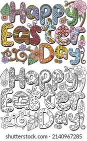 Happy Easter day. Flowers frame and eggs element for Easter day. Hand drawn with black and white lines. Coloring for adults and kids. Vector Illustration.