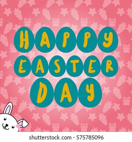 Happy Easter day font in blue eggs with cute rabbit in corner on pink pattern