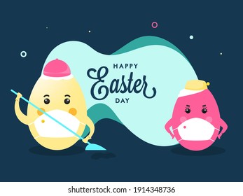 Happy Easter Day Font With Cartoon Eggs Character Wear Protective Masks On Teal Background.