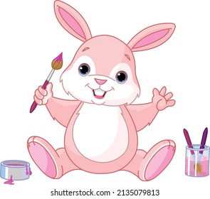 Happy easter day with funny bunny and pattern basket eggs