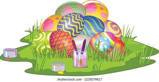 Frohe Ostertage mit lustigen, sonnigen und Muster-Korbeiern