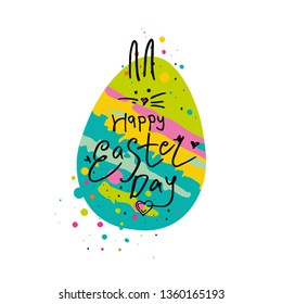 Happy Easter Day funny illustration. Easter bunny on the background souvenir colorful egg. Vector template with gift easter egg and colorful sweet dressing.