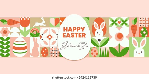 Feliz Día de Pascua fondo abstracto geométrico con conejito, huevo de Pascua, flores, formas simples y texto. Ilustración vectorial horizontal de moda para banner, afiche, portada, encabezado de sitio web. Arte neo geo