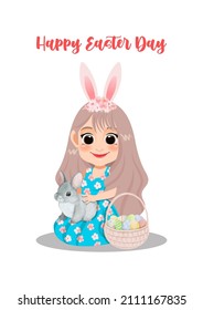 Happy Easter Day with Girl in Flower Dress Setting on the Floor with Rabbit and Eggs Basket Cartoon Vector