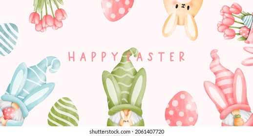 Happy Easter day with gnome and Easter watercolor element