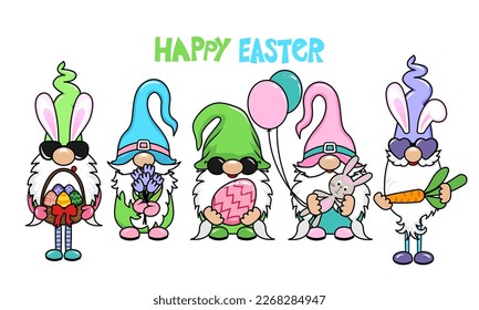 Happy Easter Day gnomes with bunny ears and eggshell. Nordic magic dwarf. Cute holidays Elf with easter eggs. Vector illustration for Spring Days decoration.