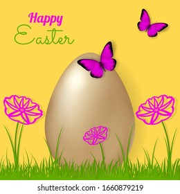 Happy Easter day. Golden egg with flowers, grass and butterflies on a yellow background. Vector illustration realistic style. Design for greeting card, flyers, brochures, banners. Stock.
