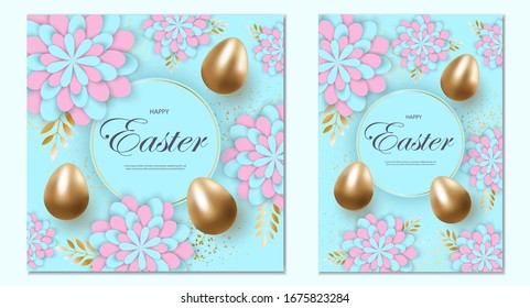 Happy Easter day. Golden eggs with white floral pattern and text. Beautiful vector illustration realistic style. Eggs on a sky blue background.
