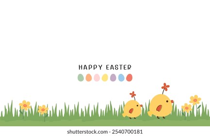 Feliz día de Pascua con césped verde, huevo de Pascua, Fuentes escritas a mano, flores amarillas y pequeños signos de ícono de pollo sobre Vector de fondo blanco.