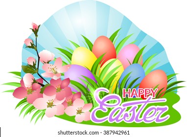 Happy Easter day greeting with blooming twig and painted eggs in green grass.