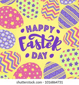 Happy easter day greeting card with eggs colorful style on yellow background for promotion, party poster, tag, decoration, banner sale, stamp, label, special offer. Vector Illustration