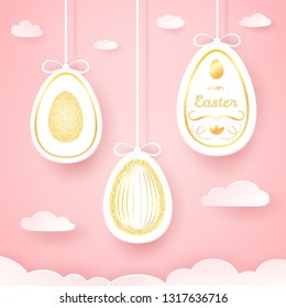 Happy Easter Day greeting card with paper cut eggs and glitter gold patterns. Online holiday template, background, wallpaper. Vector.