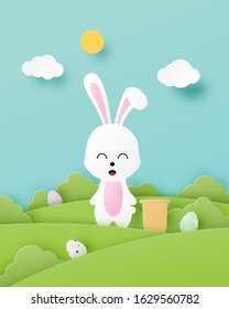 Happy Easter day greeting card in paper cut style. Vector illustration digital craft paper art.