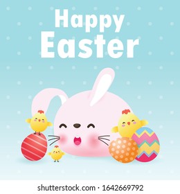 Happy Easter day greeting card. Rabbit Bunny and cute chicks Easter egg banner template isolated on Background vector illustration