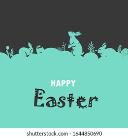 Happy Easter day greeting card with Rabbits, flower, plants, leafs, eggs easter with text design on black background for banner, template, card, postcard, media.
