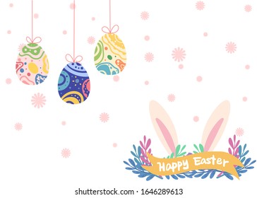 Happy Easter day greeting card with Bunny rabbit, small flower and eggs color hang on white background for banner, template, card, postcard.