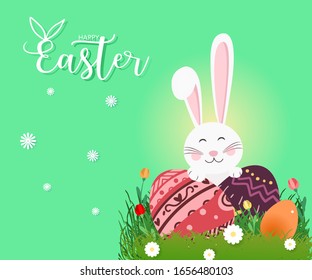 Feliz día de Pascua con caza de conejo de Pascua y huevos, flor en pastos densos y texto en tono verde fondo de color. Para banner, plantilla, tarjeta, etiqueta, etiqueta en venta.