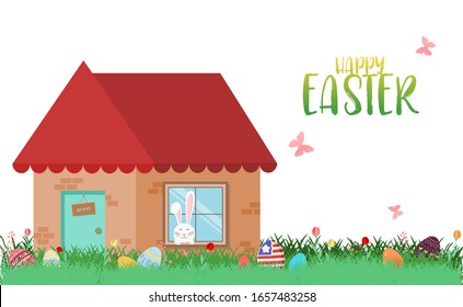 Happy Easter Day greeting card with house, rabbit, easter eggs hunt in dense grasses, flower and butterfly in the garden on white background. For banner, card, postcard, media, label tag.
