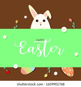 Frohe Ostertagskarte mit Osterkaninchen und Eierjagd, Blume und Textdesign auf Aqua-Menüs, grüner und brauner Farbhintergrund. Für Banner, Vorlage, Karte, Label, Tag beim Verkauf.