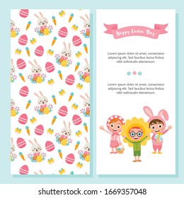 Happy Easter Day greeting card set. Illustration of cute children in Easter costumes. Girl and boys characters. Cute bunny, happy flower. Easter illustration. For postcard or invitation.