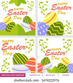 Happy easter day greeting card design template for celebrate Jesus rose from the dead in Christmas. Also include easter eggs illustration vector. Suitable for social media template, blog post, etc.