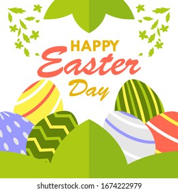 Happy easter day greeting card design template for celebrate Jesus rose from the dead in Christmas. Also include easter eggs illustration vector. Suitable for social media template, blog post, etc.