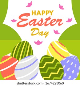 Happy easter day greeting card design template for celebrate Jesus rose from the dead in Christmas. Also include easter eggs illustration vector. Suitable for social media template, blog post, etc.