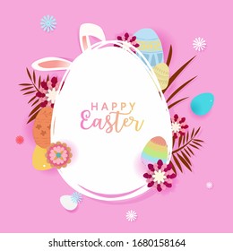 Happy Easter day greeting card with bunny rabbit with easter eggs and flowers on big egg abel.  Purple background. For banner, template, card, label, tag on sale.