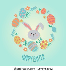 Happy Easter Day greeting card with rabbit, easter eggs colorful and daisy flower with text on blue pastel background. For banner, card, postcard, media, label tag.