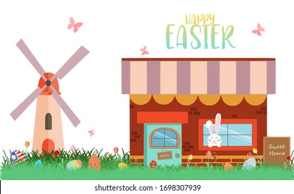 Happy Easter Day greeting card with house, Wildmill, rabbit, easter eggs hunt in dense grasses, flower and butterfly in the garden on white background. For banner, card, postcard, media, label tag.