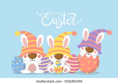 Happy Easter Day greeting card with eggs and bunny in gnomes costume. Cute rabbit in yellow hat. Animal holidays cartoon. -vector