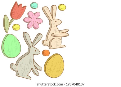 Frohe Ostern! Grußkarte mit Osterhölzern, Hasen, Eier, Blumen. Vorlage für Design. Handgezeichnete Vektorgrafik.