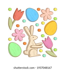 Happy Easter Day. Greeting card with Easter wooden decoration, bunny, eggs, flowers. Template for design. Hand Drawn vector illustration.