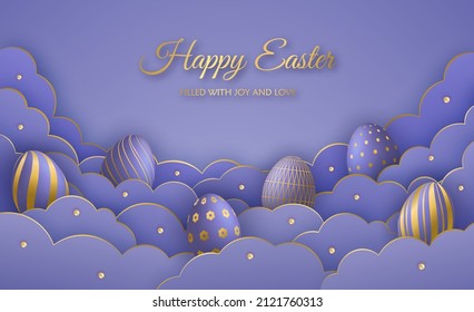 Feliz Día de Pascua con nubes cortadas de papel y realistas huevos de Pascua 3d en colores de moda Muy Peri. Ilustración vectorial.