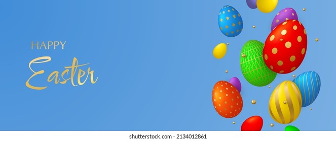 Happy Easter Day greeting card. Compositions with multi-colored 3D eggs with gold pattern and decorative balls. vector illustration.