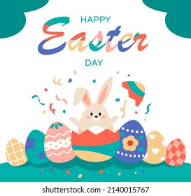 Happy easter day greeting card with bunny and painted eggs