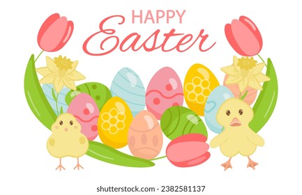 Happy Easter day greeting card. Easter chicken, duckling, eggs, willow, flowers, tulips, daffodils. Cartoon greeting card. Vector illustration on a white background.