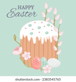 Happy Easter day greeting card. Easter cake, eggs, willow, flowers, tulips, daffodils. Cartoon postcard. Vector illustration.