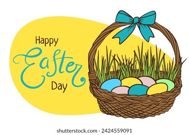 Happy Easter day greeting card template. Vector illustration for  greeting card, poster, invitation, banner, menu design. Eggs, grass, basket. Hand drawn doodle illustration