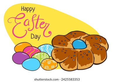 Happy Easter day greeting card template. Traditional Easter bread for cookbook, greeting card, poster, invitation, banner, menu design. Eggs, easter cake. Hand drawn doodle illustration