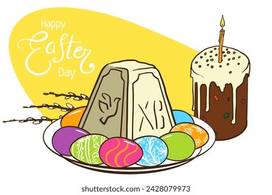 Plantilla de tarjeta de felicitación del día de Pascua. Panadería tradicional para libro de cocina, tarjeta de felicitación, cartel, invitación, banner, diseño de menú. Huevos, pan de pascua. Dibujado a mano doodle ilustración aislada