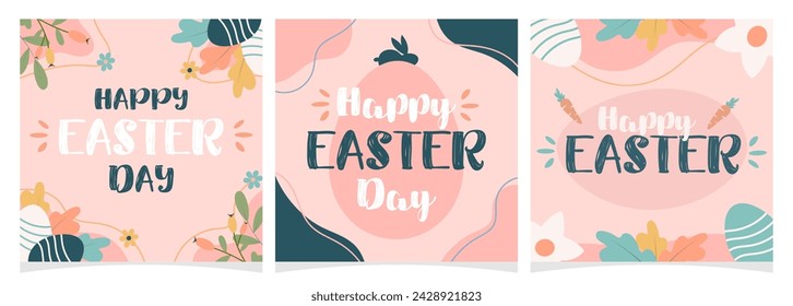 Feliz Día de Pascua tarjeta de felicitación, cubierta, conjunto de plantillas de póster. Ilustración vectorial dibujada a mano colorida y de moda en colores pastel con elementos tradicionales.