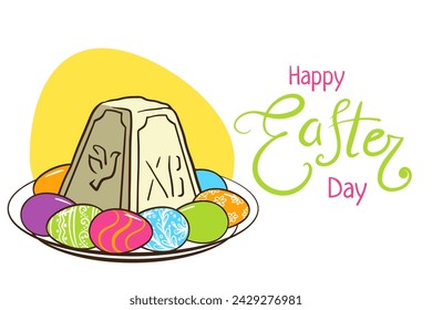 Happy Easter day greeting card template. Easter made from cottage cheese for cookbook, greeting card, poster, invitation, banner, menu design. Eggs, easter sweet. Hand drawn doodle illustration