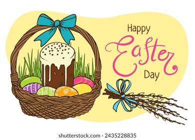 Happy Easter day greeting card template. Traditional bakery, eggs, willow for greeting card, poster, invitation, banner, menu design. Easter orthodox symbol. Hand drawn doodle isolated illustration