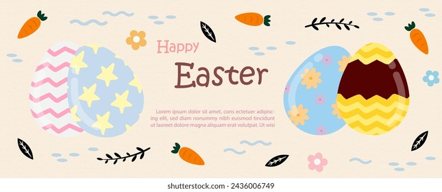 Happy Easter day greeting card and web banner in cartoon character and flat style with example texts 